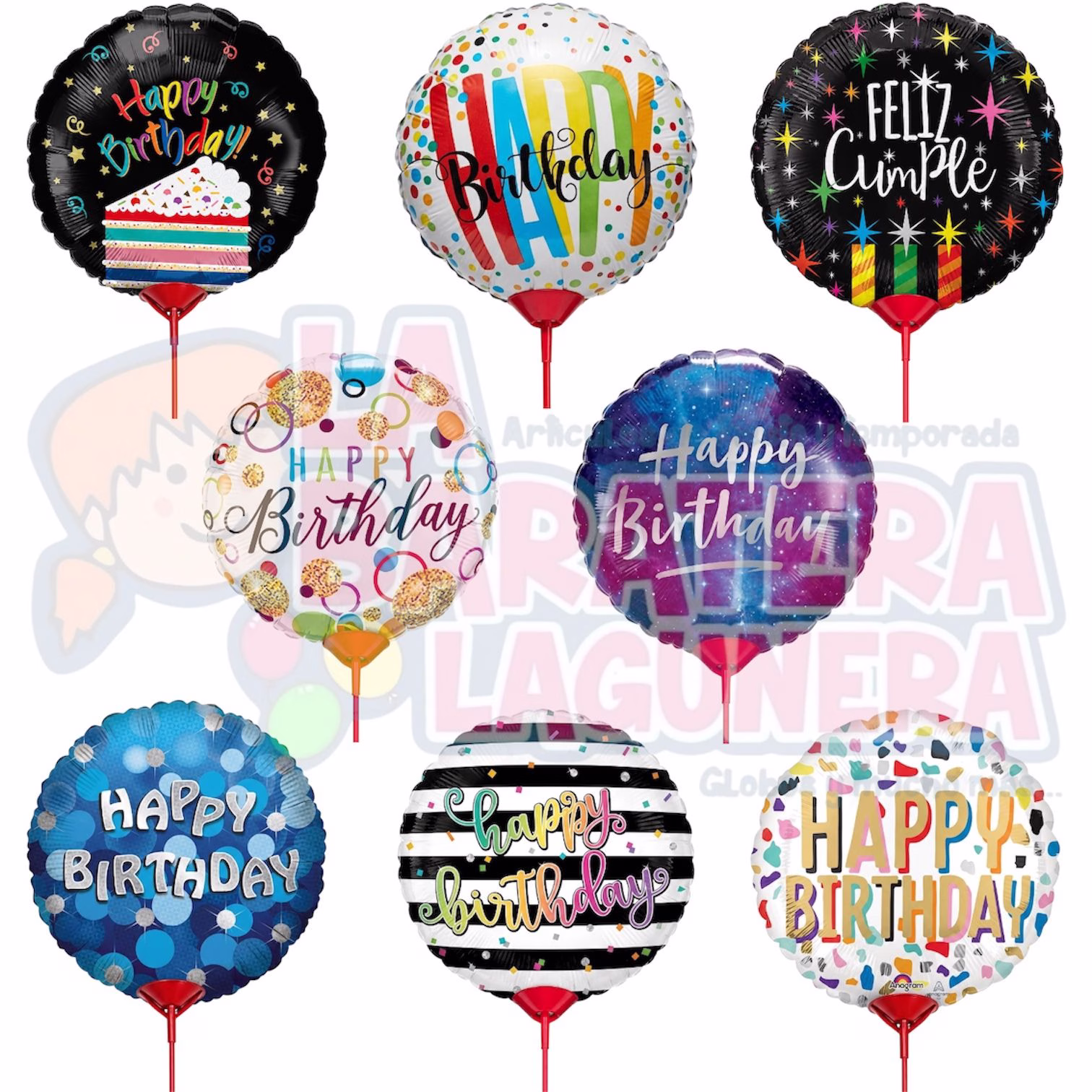 Globo de feliz cumpleaños de 10" con portaglobo paquete con 10 piezas
