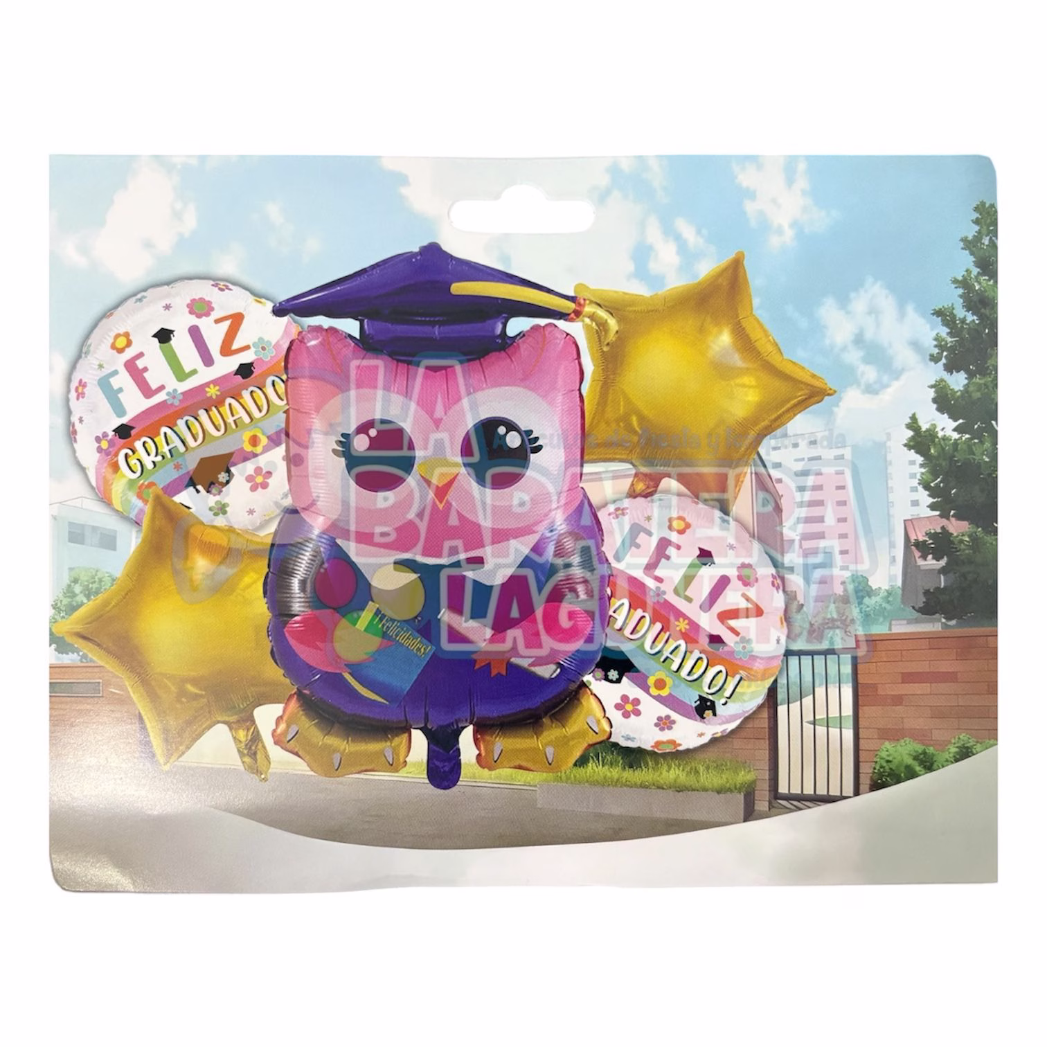 Set de 5 globos búho morado de graduación